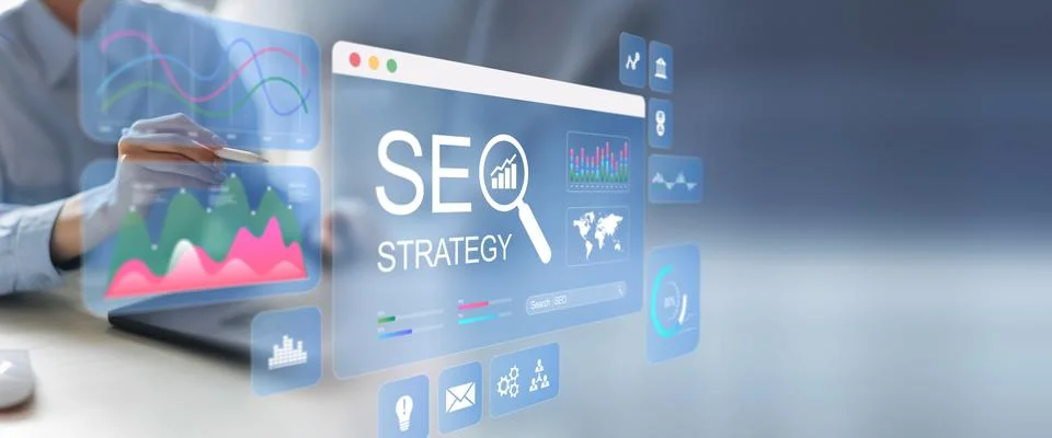 SEO Strategy Development and Digital Marketing Analytics Technology Concept. Stock Photos