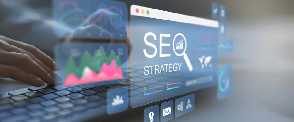 SEO Strategy Development and Digital Marketing Analytics Technology Concept. Stock Photos