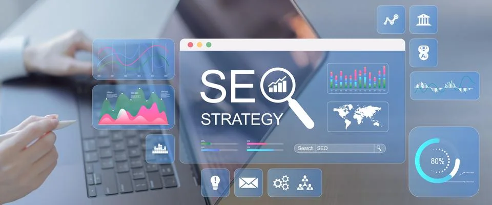 SEO Strategy Development and Digital Marketing Analytics Technology Concept. Stock Photos