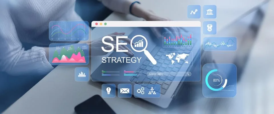 SEO Strategy Development and Digital Marketing Analytics Technology Concept Stock Photos
