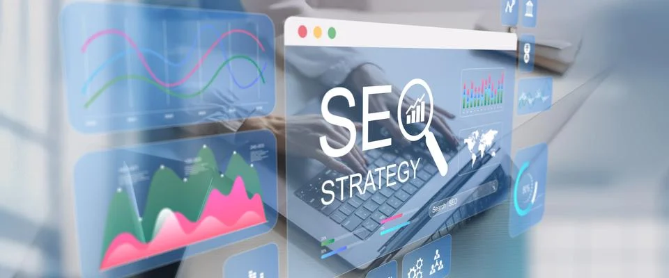SEO Strategy Development and Digital Marketing Analytics Technology Concept. Fotos Stock