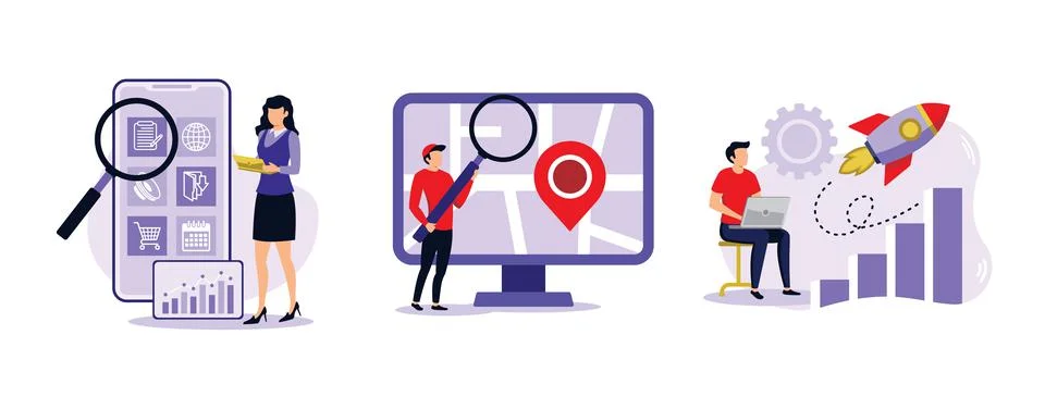 SEO strategy. Mobile media optimization, local search, boost in traffic, sear Illustrazione stock