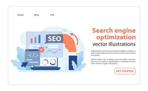 SEO Strategy Visualization. A hand fine-tunes SEO elements on a screen. Stock Illustration