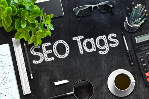 SEO Tags - Text on Black Chalkboard. 3D Rendering Stock Illustration