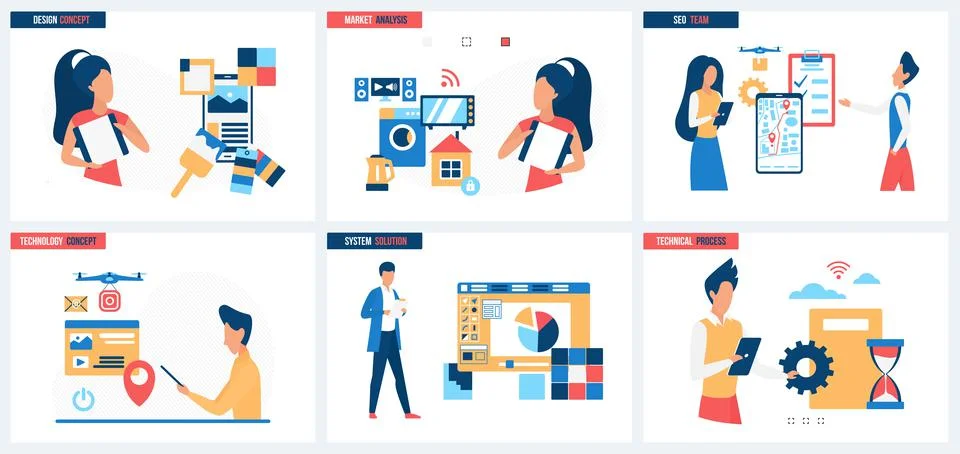 SEO team work, technical process, system solutions of mobile app, online market Stock Illustration