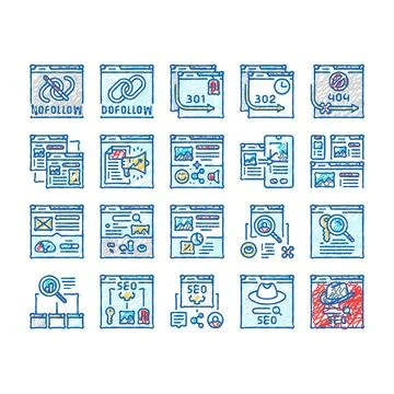 Seo technical audit icons hand drawn Stock Illustration