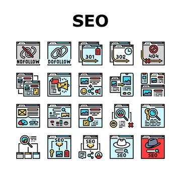 Seo technical audit icons set vector Stock Illustration