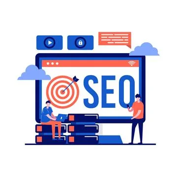 SEO technology concept with character. Strategy development of online adver.. Stock Illustration