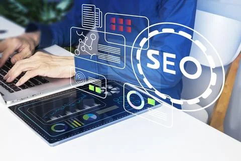SEO Technology Concept The process of improving a website to be ranked high.. Stock Photos