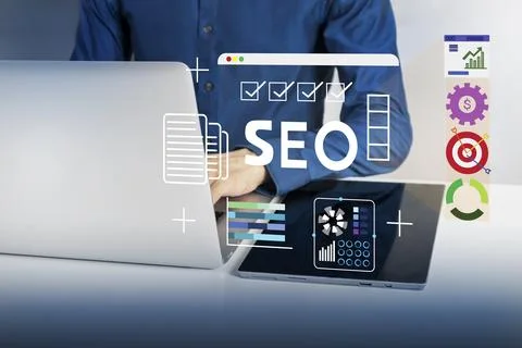SEO Technology Concept The process of improving a website to be ranked high.. Stock Photos