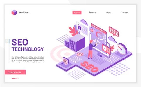 SEO technology landing page vector template Stock Illustration