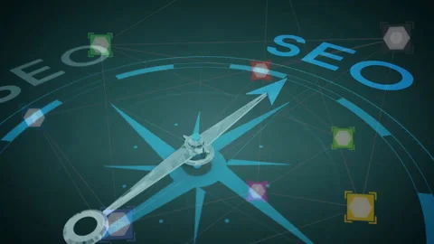 SEO text animation over compass graphic with network connections 库存影片 306507307