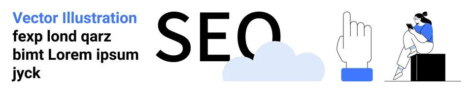 SEO text with cloud, pointer hand, and woman on a laptop. Ideal for digital m Illustrazione stock