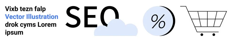 SEO text elements next to icons of cloud, percentage sign, shopping cart. Ide Stock Illustration