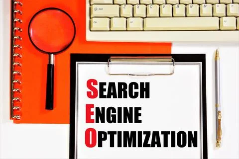 SEO. Text label in the planning folder. Stock Photos