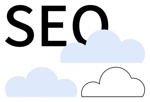 SEO Text with Multiple Cloud Graphics in Minimalist Blue and White Design Stock Illustration