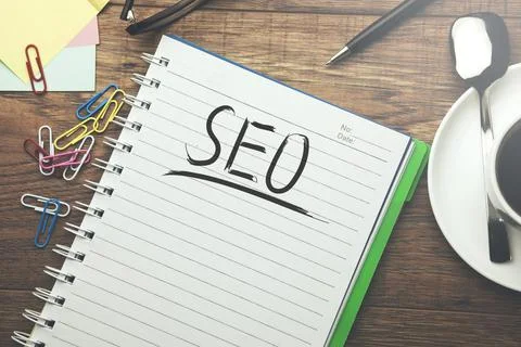 Seo text on notepad Stock Photos