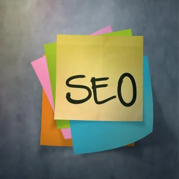 "seo" text on sticky note paper on wall texture 스톡 일러스트
