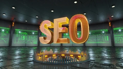 SEO text surrounded by data screens appears in the middle of hi-tech room Stock Footage 86906897