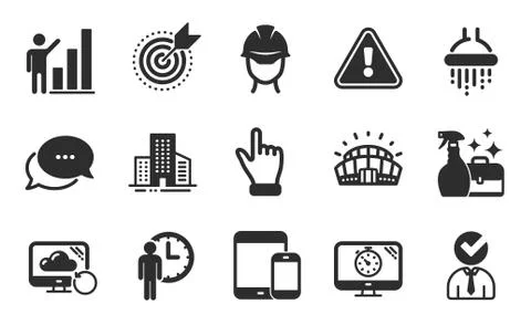 Seo timer, Foreman and Target purpose icons set. Recovery cloud, Waiting and Ilustración de archivo