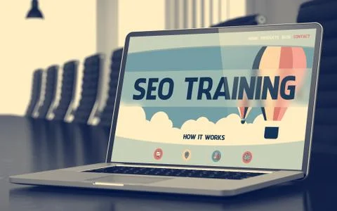 SEO Training on Laptop in Conference Hall. 3D Stock Illustration