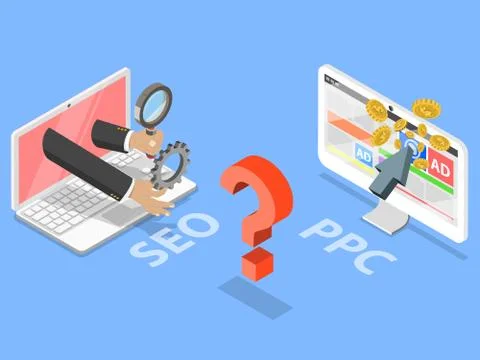 SEO vs PPC flat isometric vector concept. Illustrazione stock