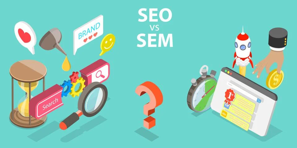 SEO vs SEM, Difference between Search Engine Optimization and Marketing. Stock Illustration
