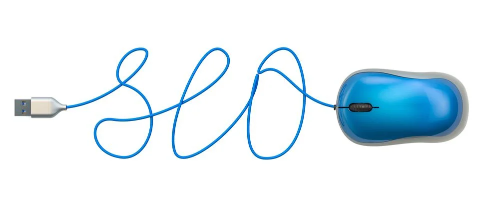 SEO word from computer mouse cable, 3D rendering Stock Illustration