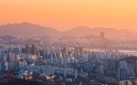 Seoul City and Han River at Yeouido in Seoul, South Korea. Stock Photos