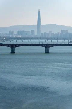Seoul cityscape with Lotte World Tower skyscraper and Han River in Seoul So.. Stock Photos