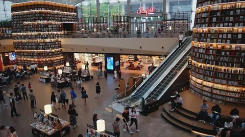 Seoul - Elevated view of Starfield Library with people. Stock Footage 78147524