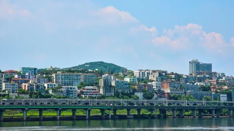 Seoul Han River Area with N Seoul Tower and Bridge View Stock Footage 340242324