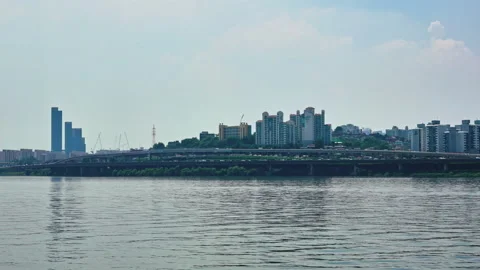 Seoul Han River Wide View with Distant Cityscape Stock Footage 340242539