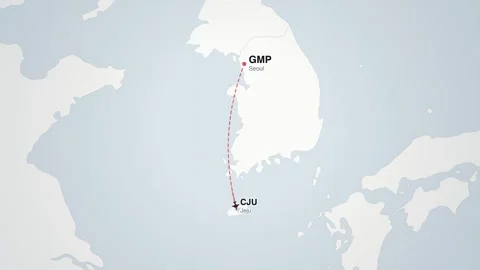 Seoul to jeju flight route map animation Stockbeeldmateriaal 339423402