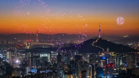 Seoul Korea, Cityscape and firework Stock Footage