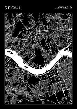 Seoul Map Wall Art Frame, Cartography Map Print, City Layout Map Stock Illustration