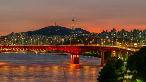Seoul night view at Han river in South Korea.Zoom out Stock Footage 209237170