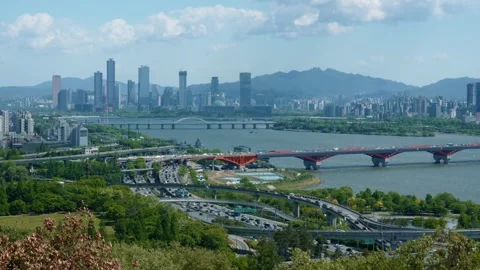 Seoul Skyline View with Red Bridge and Highway Traffic Stock-Footage 334694543