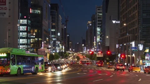 SEOUL, SOUTH KOREA - MAY 29, 2019 : Night Traffic Timelapse at Hongdae Stock Footage