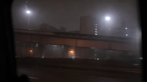 Seoul taxi drive at night sci fi style distant buildings Stock Footage 100594904