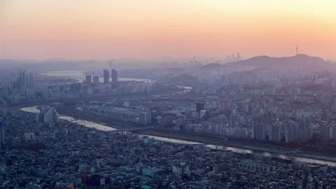 Seoul View of Korea from Sunset to Sparkling Night Stock Footage 117200548