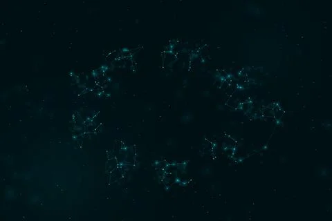Separate clusters of cyan lights and fine connecting paths form an open cos.. 스톡 일러스트