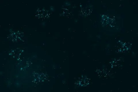 Separate clusters of glowing teal points and fine geometric links float thr.. Stock Illustration