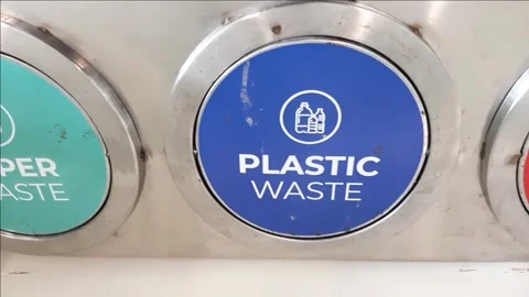 Separate garbage bin, Stainless Steel Separate Recycling Bins, Waste management Stock Footage 285913182