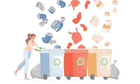 Separate recycling waste vector flat illustration. Woman gathering garbage Stock Illustration