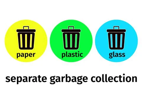 Separate waste collection, vector. Various baskets for plastic, paper and glass Stock Illustration
