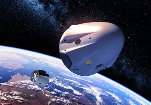 Separation of the descent module from a private spacecraft on background of Stock Illustration