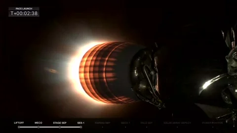 Separation of the stage one booster during NASA's PACE satellite launch Stock Footage 295933457