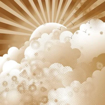Sepia cloudscape with flying birds, vector illustration Stock Illustration