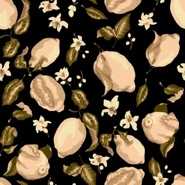 Sepia Color Seamless Pattern with lemon tree fruits and flowers Stock Illustration